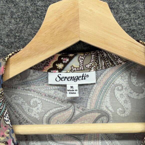 Serengeti Dress Women XL Beige Paisley Shift Short Crew Neck Button Long Sleeve - Picture 3 of 7